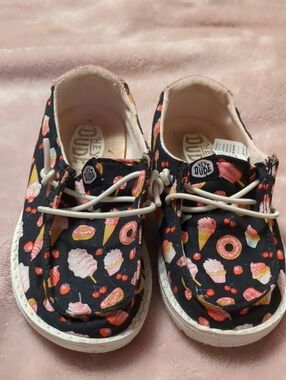 Hey Dude Kids Black Canvas Sneakers with Pink & Orange Snack Print
